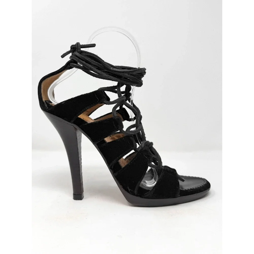 YSL Tom Ford Fall 2002‎ Runway Black Velvet Strappy Heels Sandals 38.5